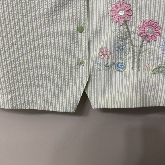 ALFRED DUNNER Womens Size 14P Seersucker Floral Embroidery Button Up Top Green - Picture 9 of 14